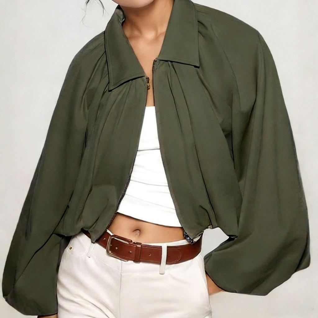 Women's Balloon Sleeve Zip Front Cropped Bomber Jacket with Turn Down Collar and Pleated Hem for Casual and Streetwear