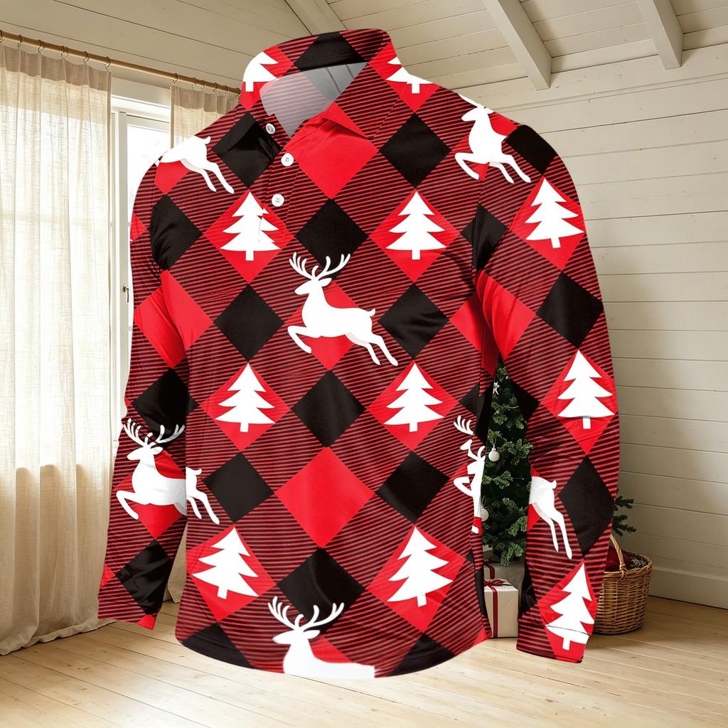Men's Casual Long Sleeve Neck T-Shirt with Christmas Print for Holiday Party
