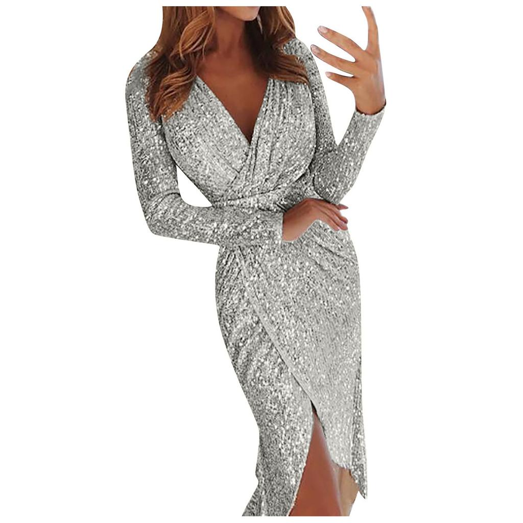 Fashion Women's Hot Stamping Dress Long Sleeve Dinner Party Sexy V-neck Shiny Dress