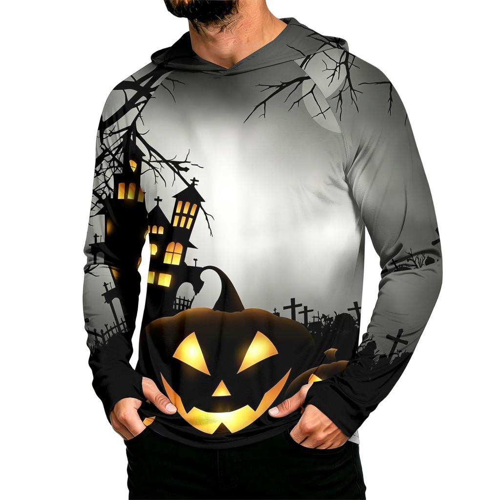Men's Long Sleeve Hooded Sun Shirt with Halloween Print