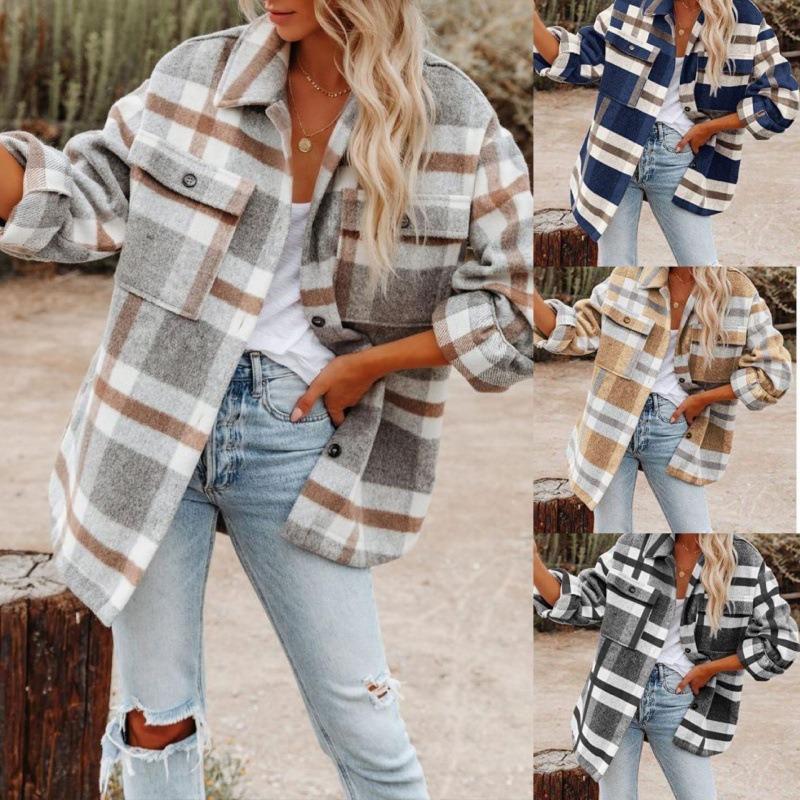 Autumn and Winter Long-sleeved Loose Plaid Shirt Tweed Jacket Female