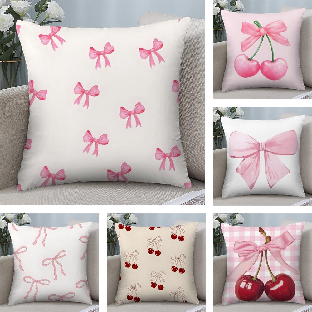 Pink Bow Cherry Cushion Cover Soft Plush Fabric Double-Sided Printed Sofa Cushion Cover for All Seasons Home Decor Gift
