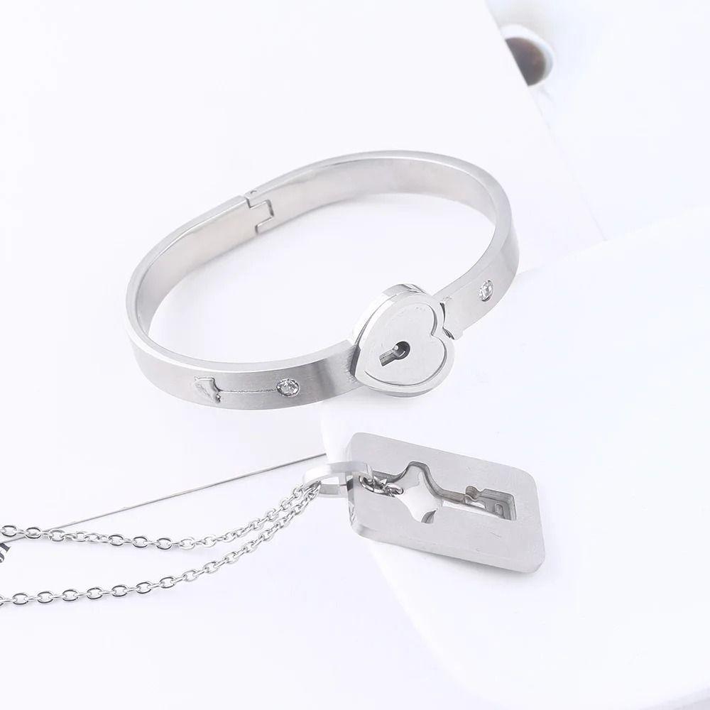 Stainless Steel Heart Lock Bracelets Gold Silver Key Pendant Necklace  Jewelry Gift