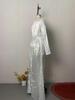 Women's White Tie-Up Long Sleeve Dress - Autumn/Winter, Elegant Chinese Style, Casual with Waist-Cinching Fit