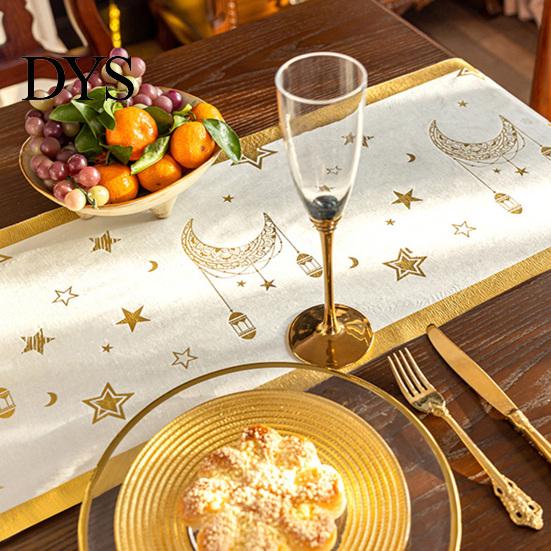 Modern Table Dressing Eid Mubarak Runner, Ramadan Gold Moon Stars Tablecloth, Islamic Happy Holiday Home Accessories Rectangular Cloth for Dining