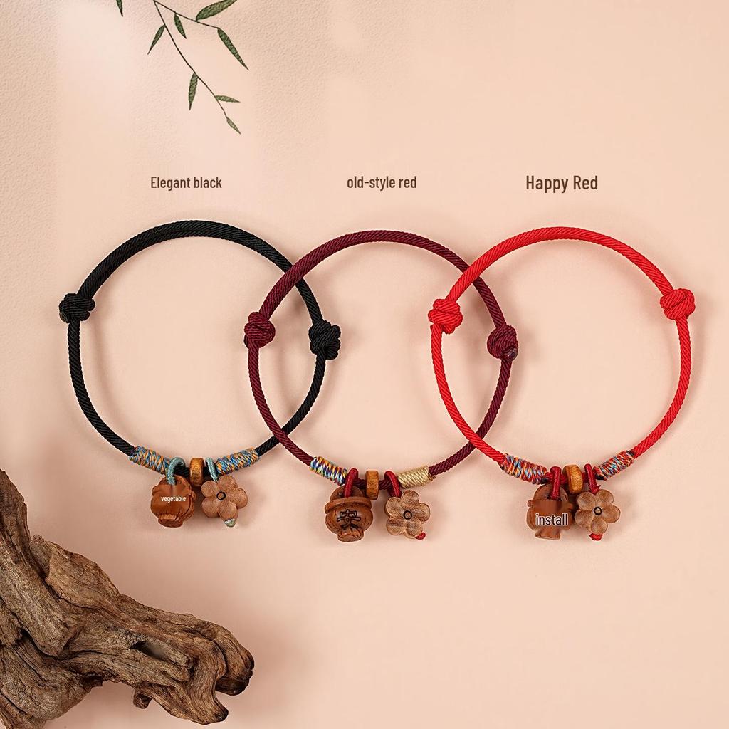 Peach Wood Red Rope Bracelet - Unisex Protective Benmingnian Handwoven Ethnic Style