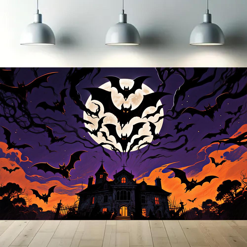 Scary Halloween Backdrop Banner-Castle with Bats&Full Moon for Indoor/Outdoor Parties,Graduation,Halloween Decor,Event