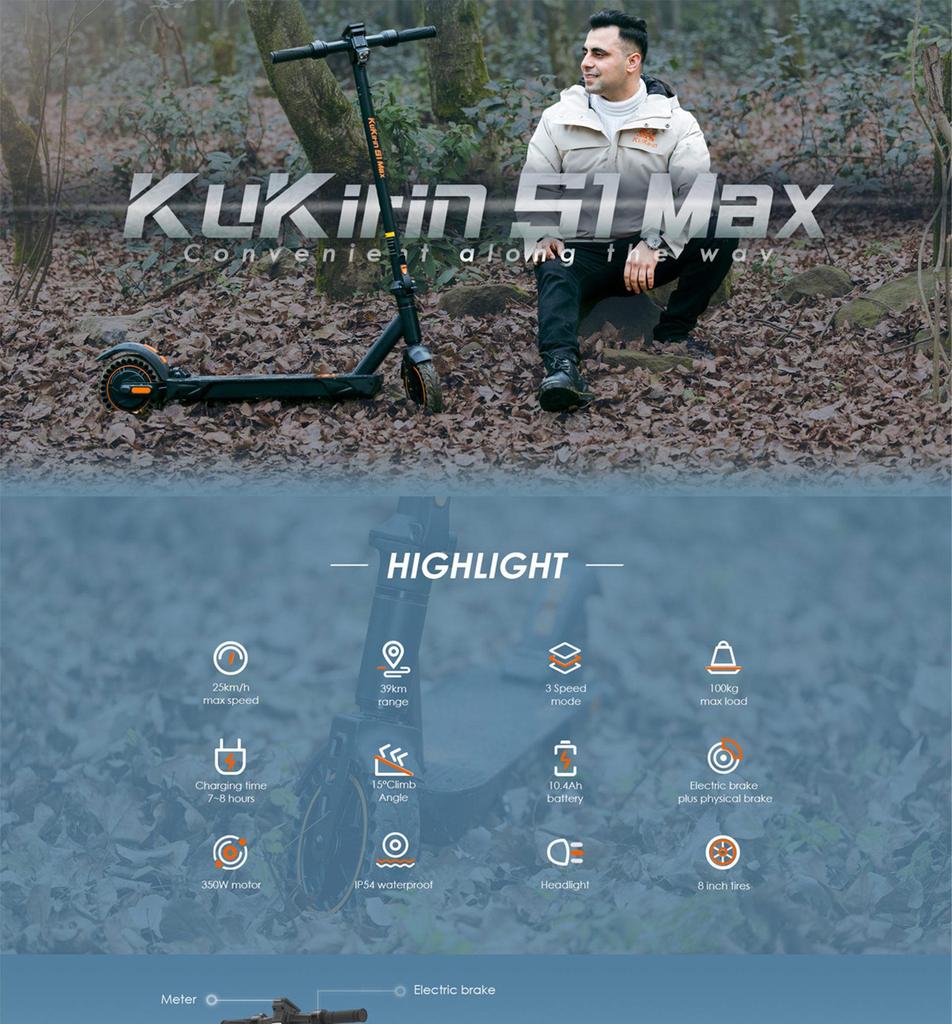Electric Scooter Adult Kukirin S1 Max 8" 350W Motor Electric Scooter Foldable Top Speed 25Km/h 36V 10.4AH Range 39KM Load 100Kg