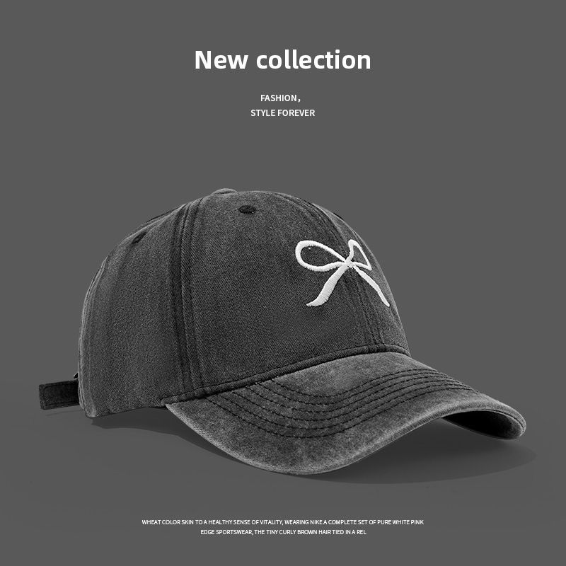 

Spring Summer Peaked Cap Versatile Simple Retro Washed Distressed Bows Embroider Curved Brim Face-Looking Small Peaked Cap Washed Bows-dark gray All yards