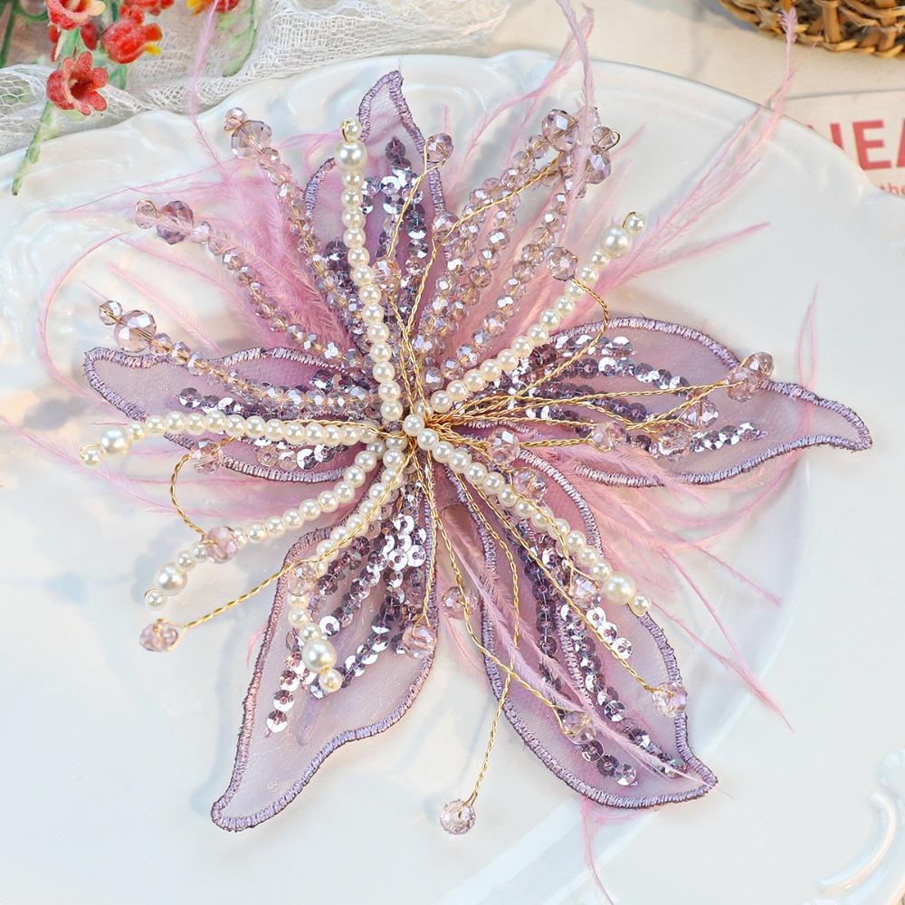 Verdrillter Draht 3D Organza Blume Aufnäher Feder Perlenbesetzter Aufnäher Corsage Zubehör