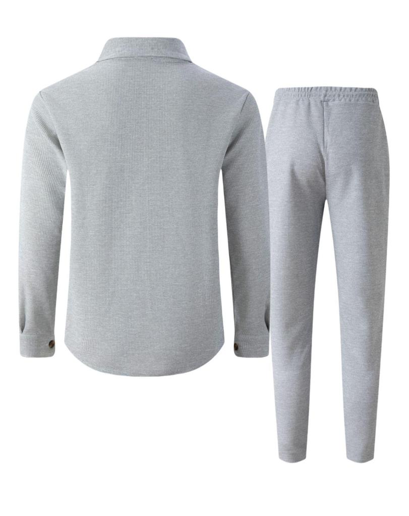 Men's Double-Pocket Waffle Two-Piece Set: Long-Sleeved Shirt and Pants for Autumn
