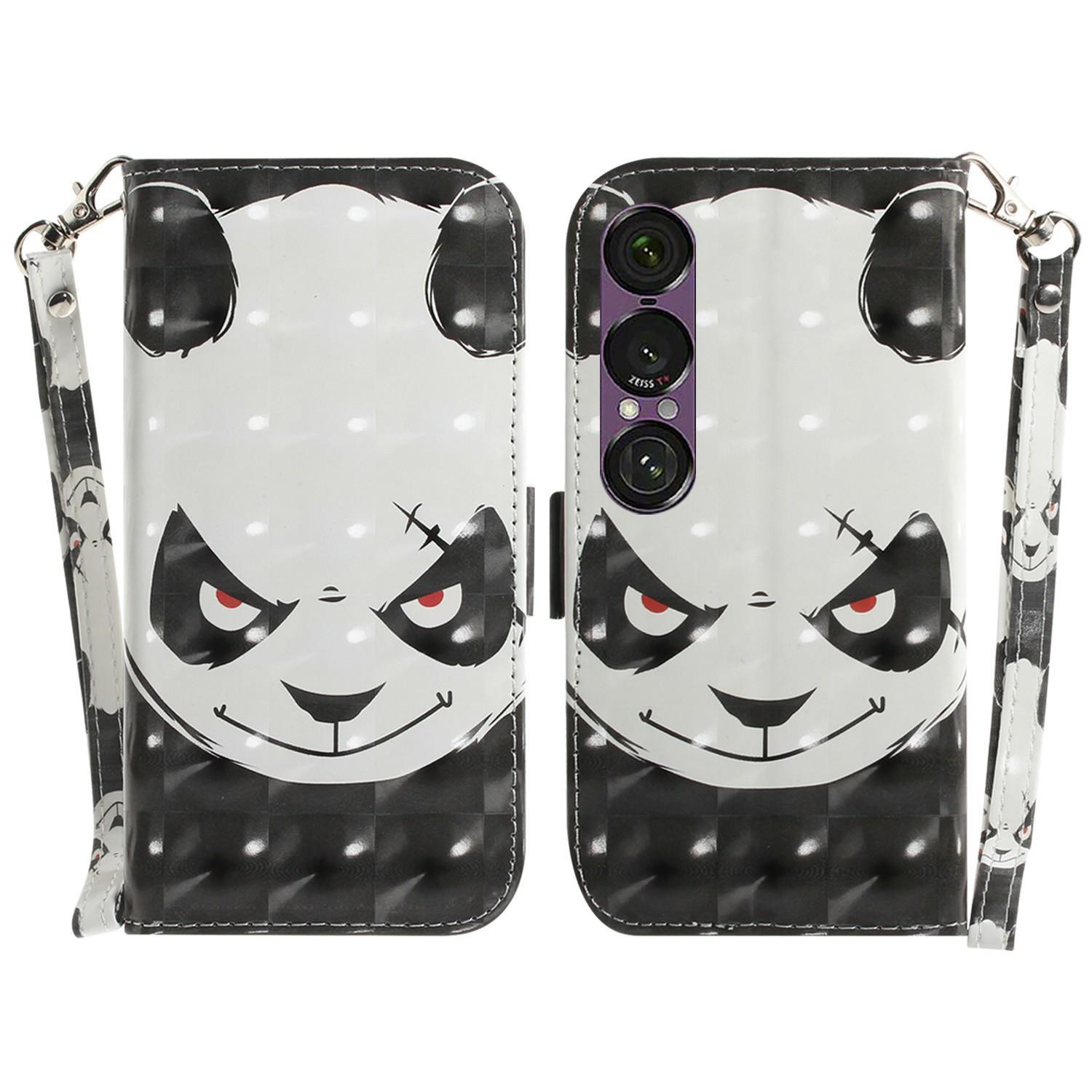 

For Sony Xperia 1 VII Case Pattern Printing Leather Wallet Phone Cover with Wrist Strap Angry Panda