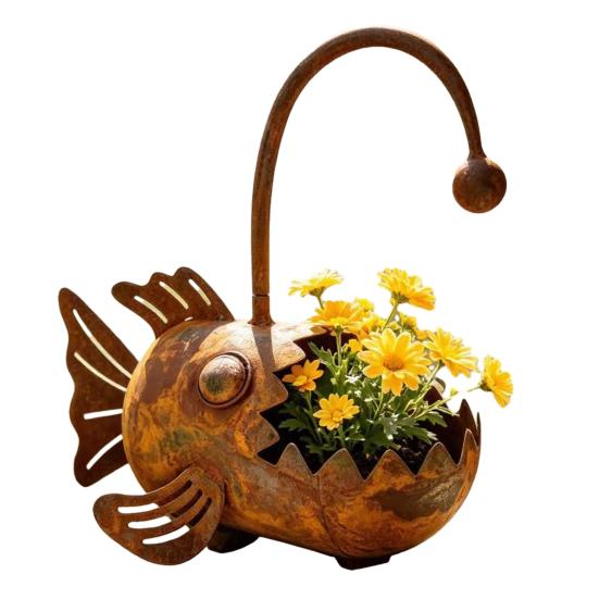 Rustic Iron Planter, Fish Shaped Design, Decorative Metal Flower Pot for Succulents Cactus Plants, Rustproof Garden Patio Porch Balcony Yard Lawn