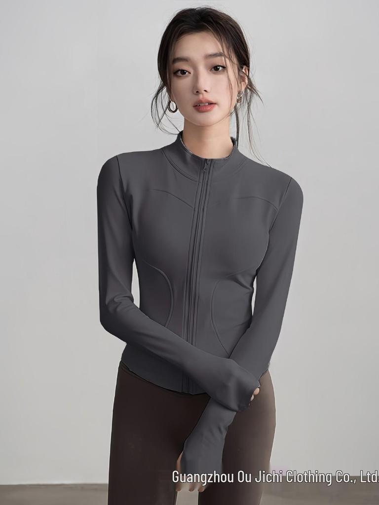 Women's Slim-Fit High Collar Yoga Jacket - Long Sleeve Knit Top for Outdoor Fitness