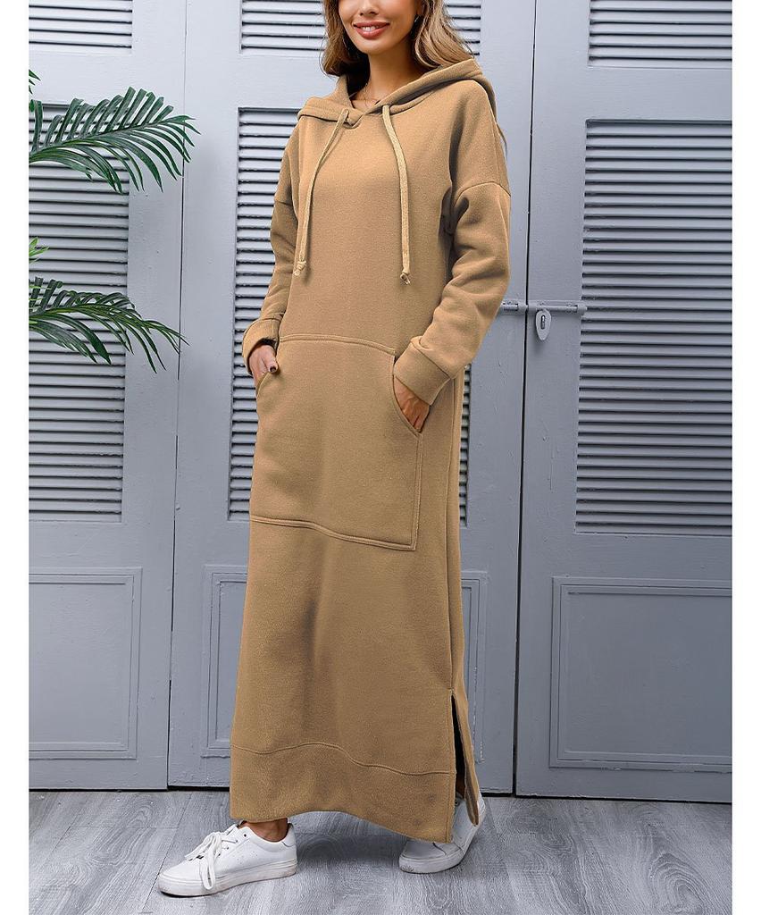 Herbst und Winter neue lockere Strick-Kapuzen-Langkleid Fleece-Pullover Freizeit-Modekleid große Tasche Rock