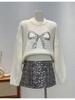 Korean Style Sequined Bow Sweater - Women's Loose Fit, Round Neck, Long Sleeve Knit Top for Autumn/Winter 2025