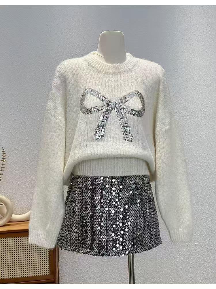 Korean Style Sequined Bow Sweater - Women's Loose Fit, Round Neck, Long Sleeve Knit Top for Autumn/Winter 2025