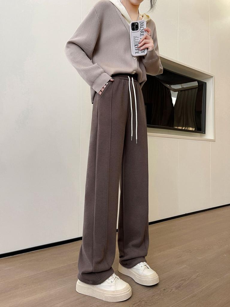 Composite Fleece Thickened Warm Elastic Waist Loose Straight Leg Casual Pants