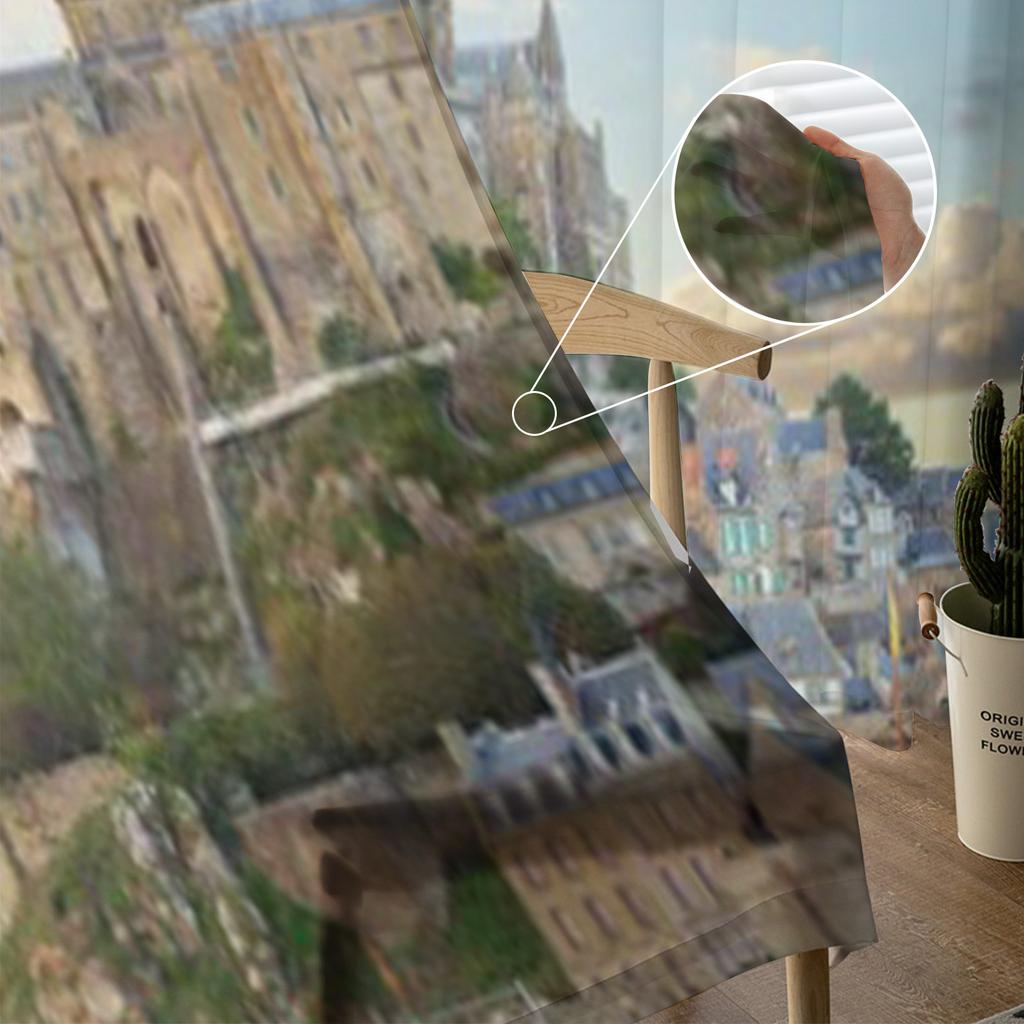 Nahaufnahme des Mont Saint Michel bei Sonnenuntergang in Frankreich, transparente Tüllvorhänge für Wohnzimmer, Küchendekoration, Voile-Organza-Vorhänge