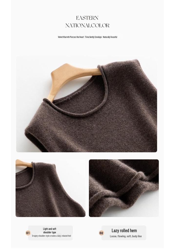 100% Pure Cashmere Rolled Hem Sleeveless Shawl Collar Women's Vest for Autumn/Winter