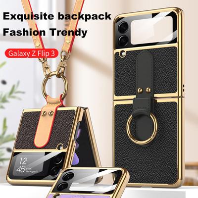 Phone Case For Samsung Galaxy Z Flip3 /4 5gcase Ring Holder Stand Crossbody Shoulder Strap Silicone Anti -Scratch Shookproof Cover