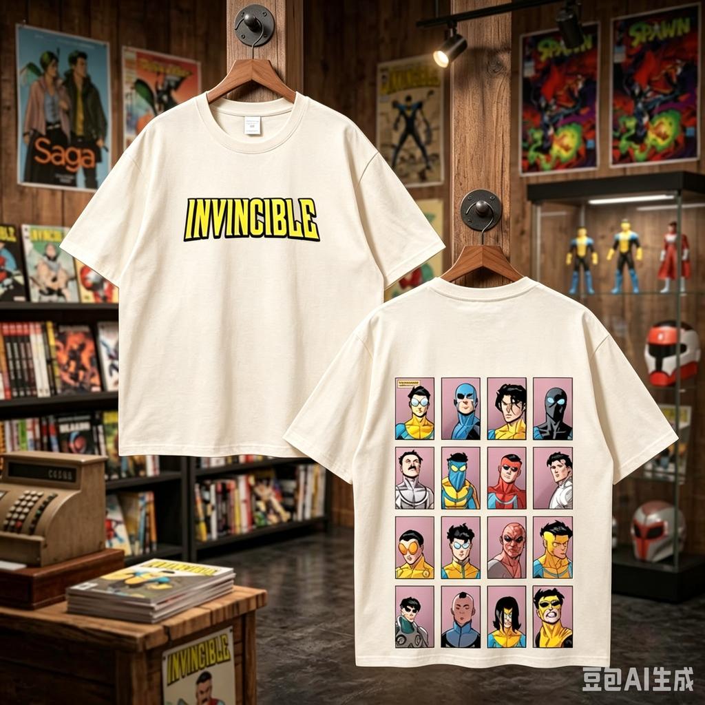 Yenilmez Çift Taraflı Baskılı Tişört Ön Harf Arka Karakter Izgara Çizgi Roman Oversize Grafik Tişört Unisex Günlük Sokak Giyim Anime