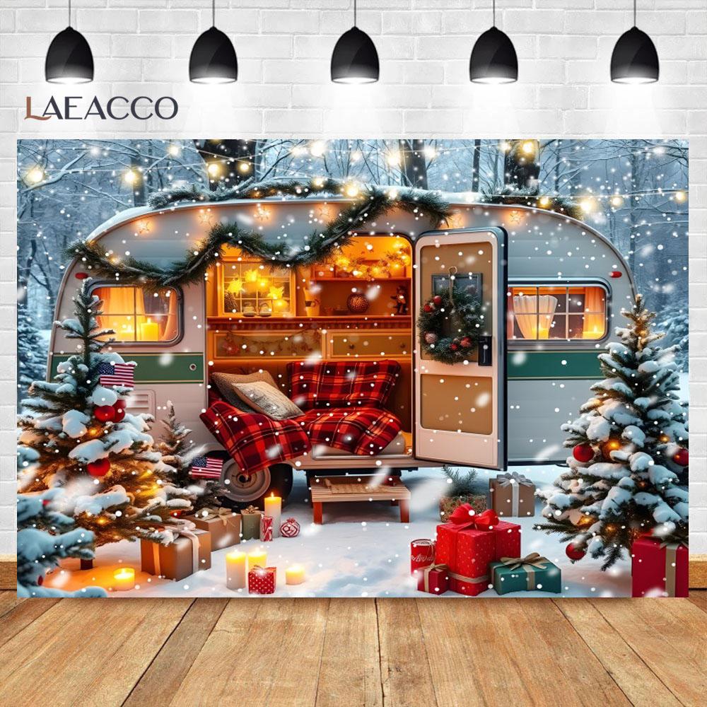 Laeacco Christmas Camper Pography Backdrop Winter Snowy Pine Trees Mini Bus Baby Birthday Family Holiday Portrait Background