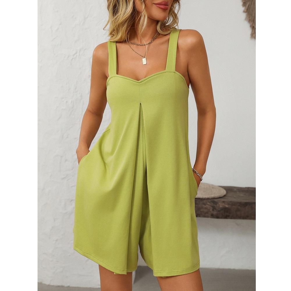 Women Summer Short Jumpsuits and Rompers Spaghetti Straps Casual Loose Pockets Playsuits Bodysuits