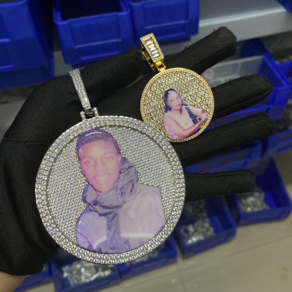 THE BLING KING Iced Out Round Medallion Custom Memory Photo Pendant Necklace Paved CZ Engrave Back Men Women Hiphop Jewelry
