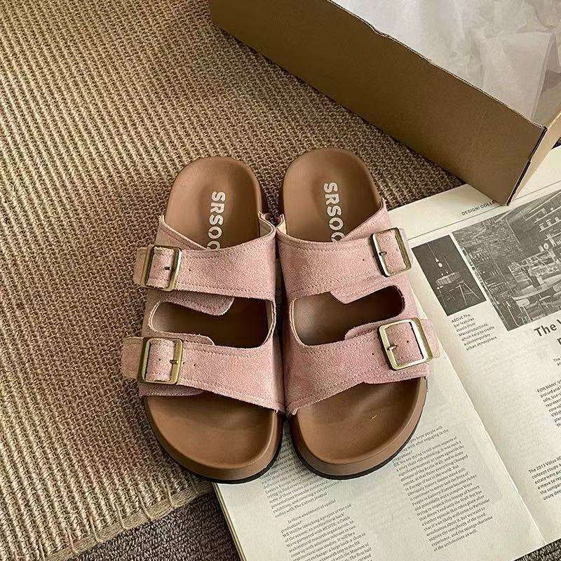 Retro thick-soled heightening one-word slippers women's summer 2025 new wear simple non-slip soft-soled Birkencool slippers