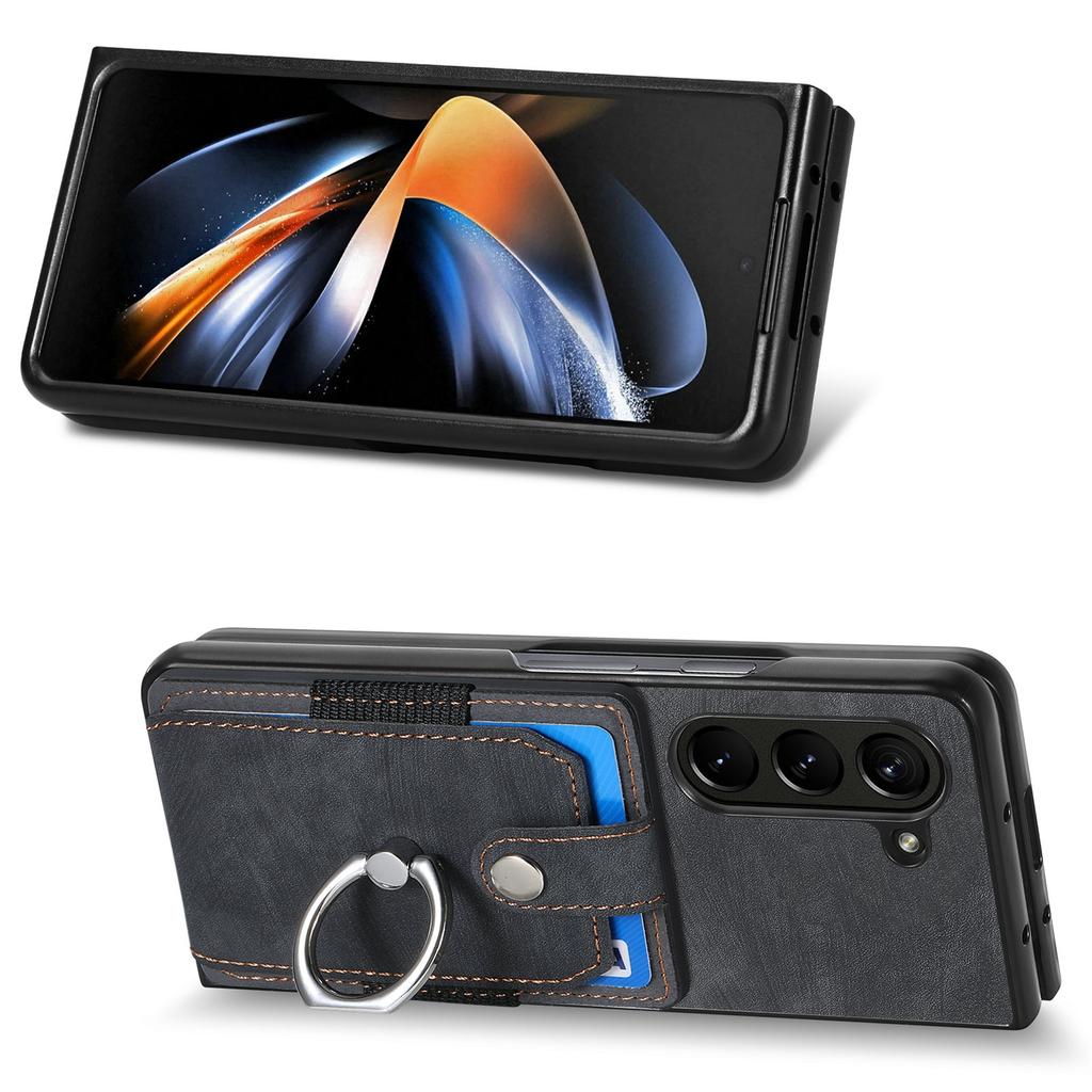 D2 Für Samsung Galaxy Z Fold6 5G Hülle Kartenfach Ring Ständer Leder+PC Handyhülle