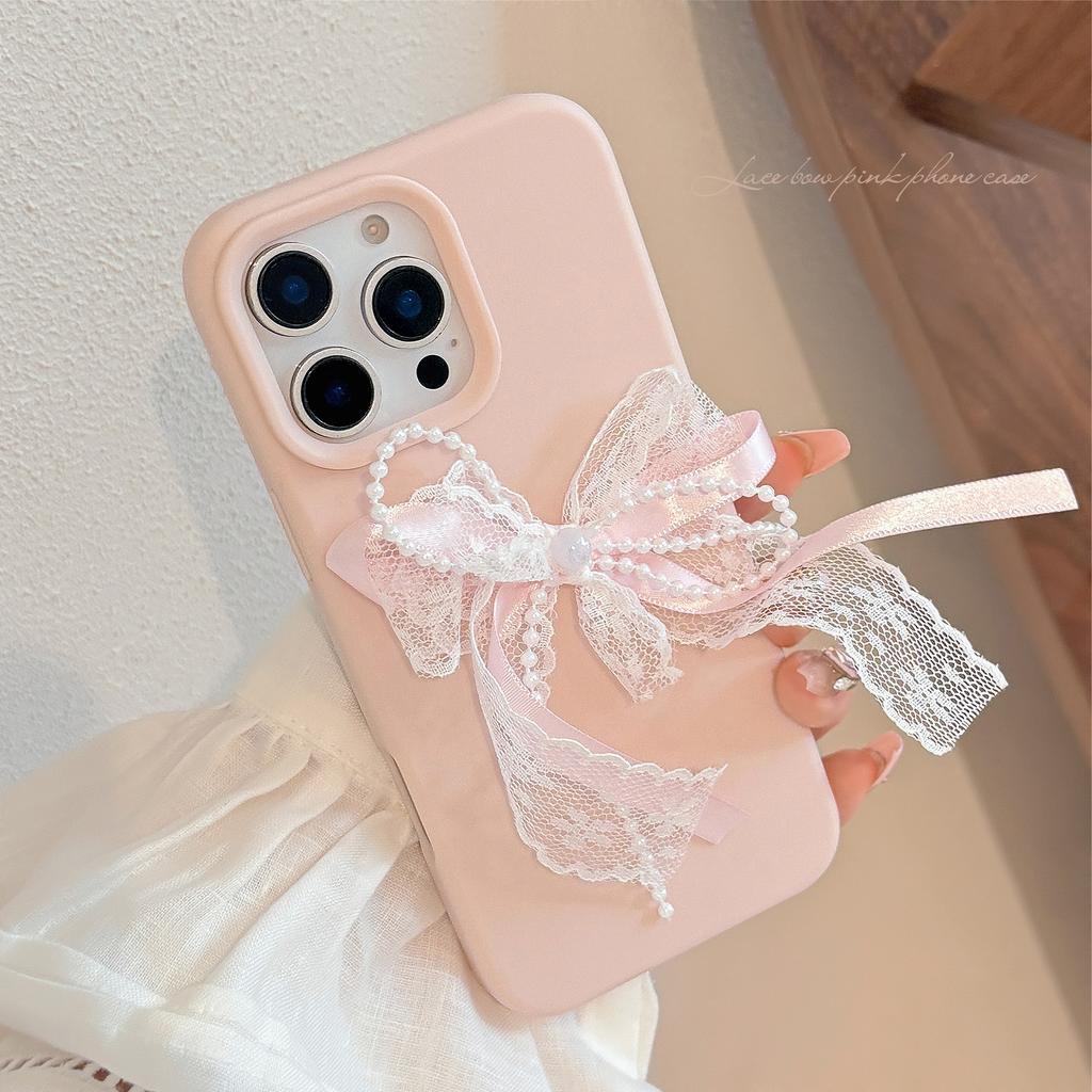 Pink Lace Pearl Knot Iphone16 Suitable for 17 IPhone Case 14pro Max Silicone 13 Three Dimensional 15
