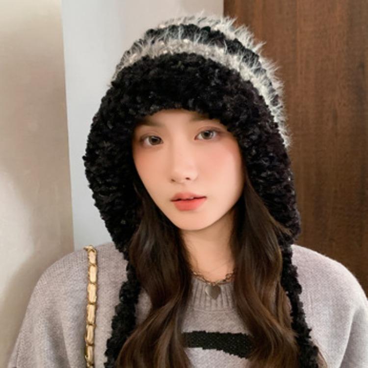 Damen Fair Isle Strickmütze Winter Warm Beanie Doppellagig Fleecegefüttert Verdickt Bommel Ohrenklappenmütze Bindeband Strickmütze