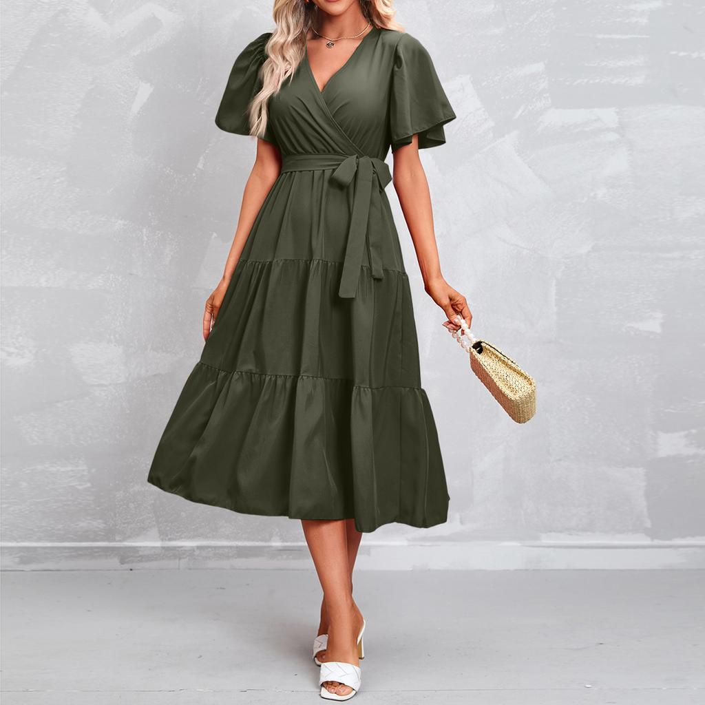 Modisches Damen Sommerkleid in Farbe mit V-Ausschnitt, kurzen Ärmeln und Bindung für den Strandurlaub