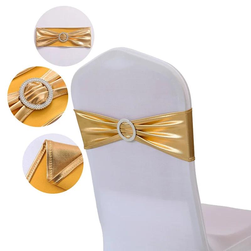50pcs/Lot Metallic Gold Silver Chair Bands Wedding Chair Decoration Spandex Chair Sashes Bow For Party Event Hotel Banquet Home