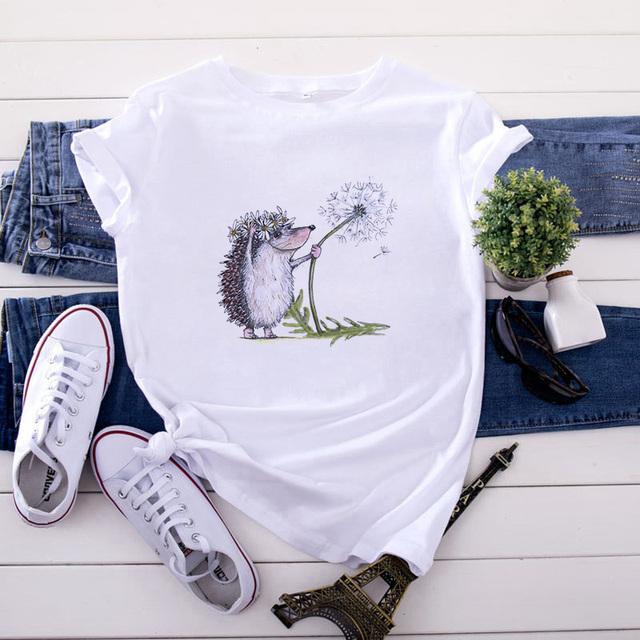 Cute Hedgehog Red Heart Balloon Print T Shirt Women Cartoon Animal Love Graphic Short Sleeve Valentine Casual Aesthetic Tee