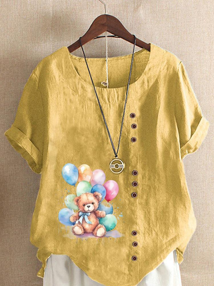 Women's Fashion Bear Print Round Neck Short Sleeve T-shirt Summer Casual Cotton Linen Graphic Shirt Leisure Loose Blouse Tops