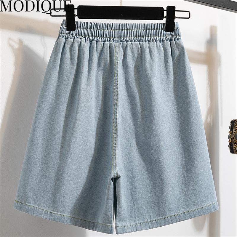MODIQUE Été Femmes Grandes Tailles Ample Basiques Élastique Cordon de Serrage A-Ligne Jambe Large Short en Denim Féminin Décontracté Bleu Foncé Short