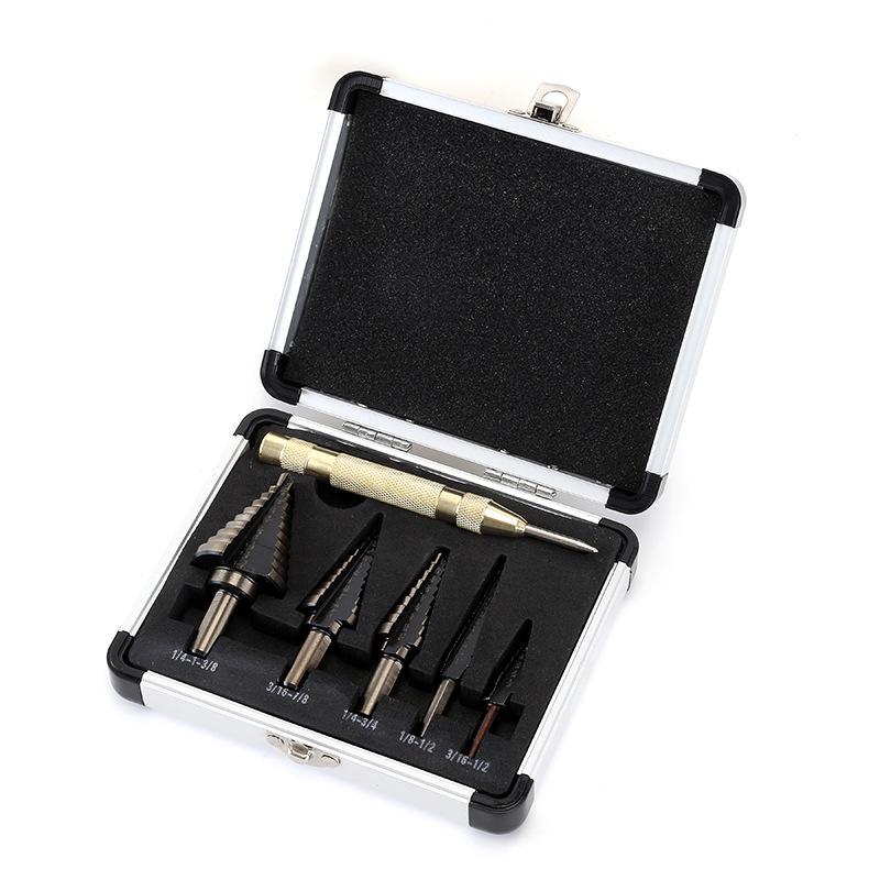 5-Piece Hole Expansion Pagoda Drill Bit Set for Steel Plate Punching with Yellow Triangle Ladder Drill In Aluminum Box.