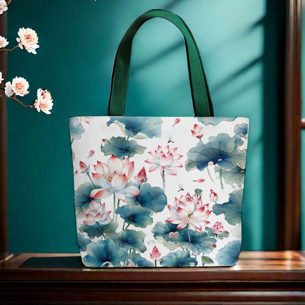 

Casual Lotus Flower Bag Canvas Women Shoulder Bag Fashionable Lotus Flower Tote Bag for Lady Style 3