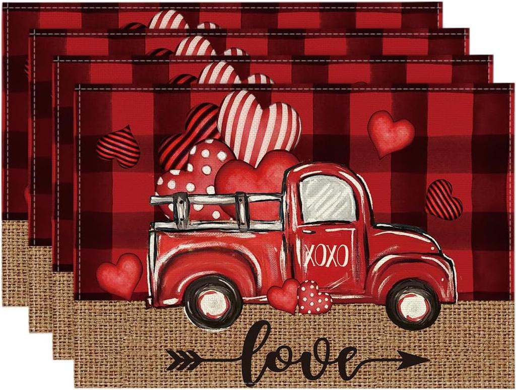 Valentine Placemats Set of 4, 12x18 Inch Black Red Buffalo Plaid Hearts Truck Love Table Mats for Party Kitchen Dining Decoration