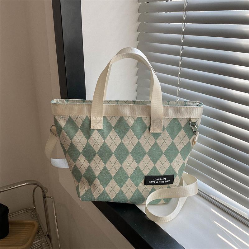 Stylish Large Capacity Plaid Canvas Handbag 2023 Trendy Urban Simple Shoulder Bag For Women