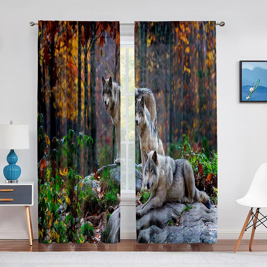 Wolf Sheer Voile Curtain Ice Fire Wolves Look At Each Other Window Tulle Curtains for Living Room Bedroom Kitchen Decor Drapes