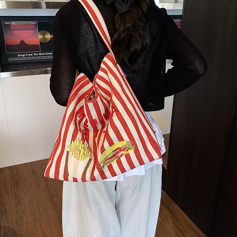 Korean casual lazy style canvas bag women's 2025 new large-capacity striped bucket bag fashionable shoulder bag