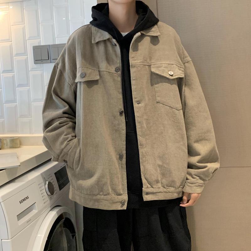 Men's Japanese Style Solid Color Retro Lapel Jacket - Spring/Autumn Hip Hop Loose Casual Trendy Workwear Cardigan.