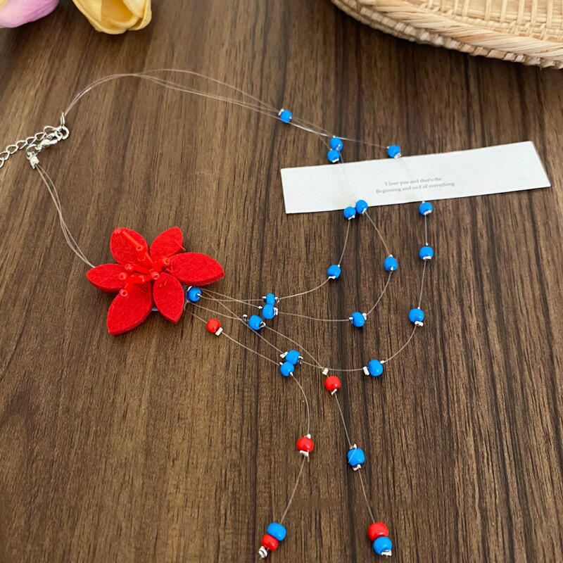 Fashion Blue Beaded Flower Necklace for Women Girls Sweet Cool Handmade Beaded Tassel Necklace Aesthetic Jewelry Gifts