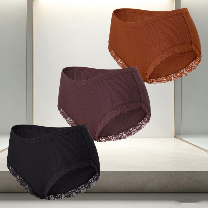 FINETOO 3Pcs/Set Women's Cotton Patchwork Lace Underwear Solid Color High Rise Ribbed Underpants Soft Breathable Panties Female Lingerie