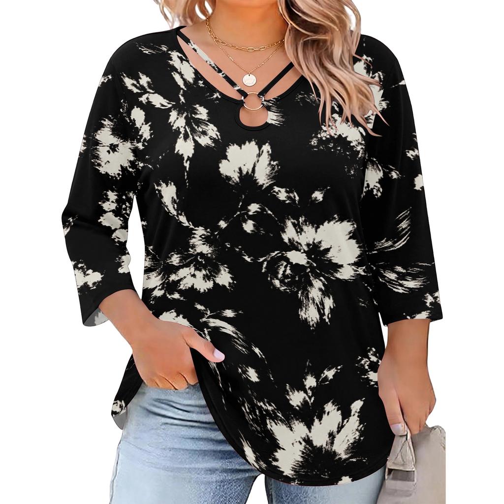 Blusa Floral Feminina Plus Size com Manga Três Quartos, Blusa Casual, Túnica de Corte Amplo para Primavera Verão, Uso Diário, Trabalho e Saídas