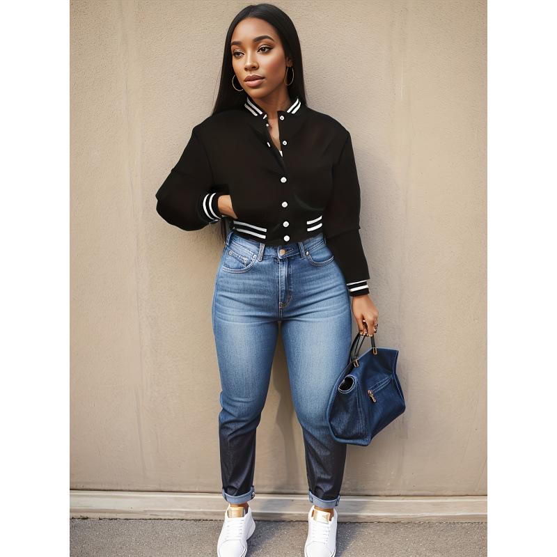 2024 Women's Solid Color Single-Breasted Baseball Jacket - European American Spring/Autumn Fashion