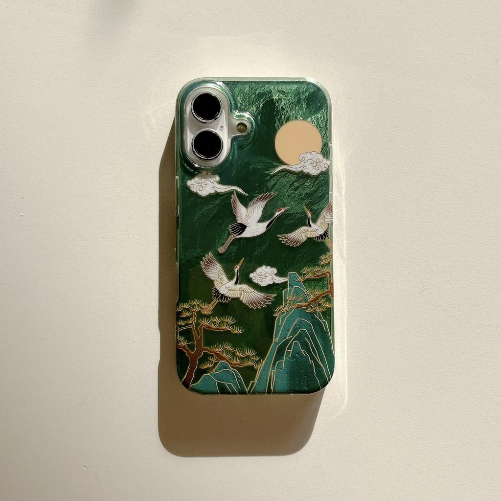 Auspicious INS Green Mountain Chinese Style Crane Tassel Dangle Phone Case for iPhone 17 16 15 14 13 Pro Max Back Phone Cover